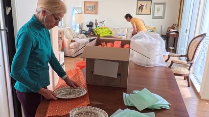 Mature woman cleans antique heirloom china bowls and plates on a table while preparing them for storage in a sunny kitchen