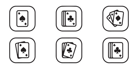 Playing card icons set in minimalist outline style for casino gaming apps and web interface designs