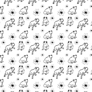 Pattern con graziose rane nere e fiori, illustrazione isolata
