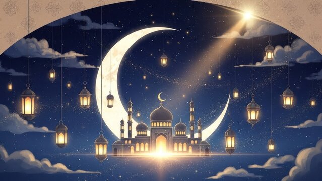 Night scene with mosque and crescent moon illuminated by lanterns