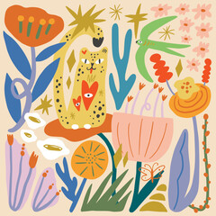 Obraz premium Whimsical doodle pattern cartoonish modern abstract boho jungle scene, adorable hand-drawn childish style groovy cartoon dry brush tropical animals leopard and bird flowers blossom handmade vector