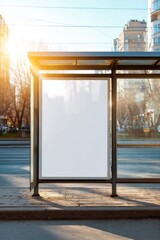 Fototapeta premium Sunlit bus stop with blank advertisement display on city street
