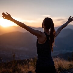 Young caucasian female embracing sunrise on mountain top