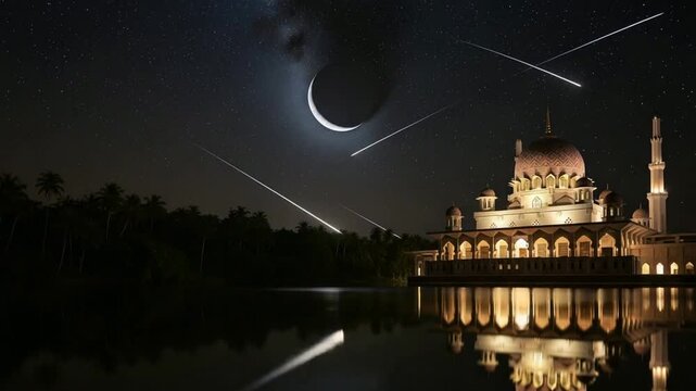 Nighttime Mosque Scene with Crescent Moon and Meteor Trails stars