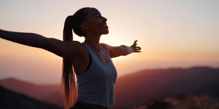 Young african female embracing sunset with open arms on mountain