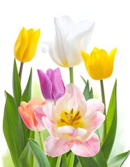 Fototapeta premium A vibrant arrangement of colorful tulips in various shades set against a pale background