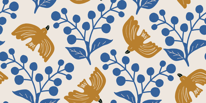 Hand-drawn Birds and Berry Branches Seamless Pattern