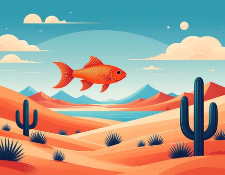 Detailed Flat Design Illustration of a Goldfish Flying Over a Surreal Desert Landscape with Cacti and Mountains