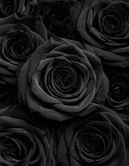 Naklejka premium A close-up view of luxurious black roses arranged densely, showcasing intricate petal details