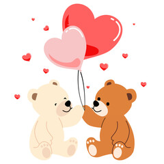 Obraz premium Adorable bear couple holding heart balloons, romantic valentine illustration, sweet love relationship concept.