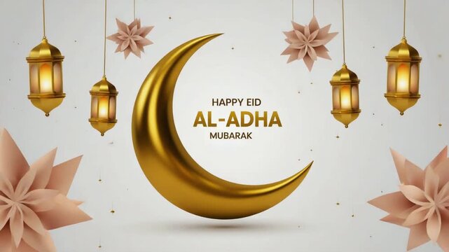 Happy Eid Al-Adha Mubarak Greeting Card with 3D Golden Crescent Moon, Hanging Fanous Lanterns, and Paper Star Ornaments