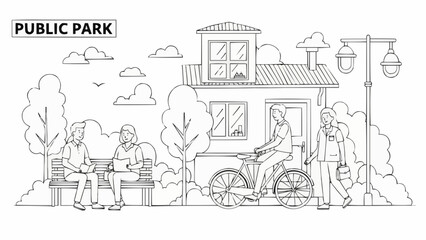 Obraz premium People enjoying a sunny day in a public park with trees and a building.