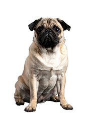 A formal portrait of a fawn Pug dog sitting against a solid black background.