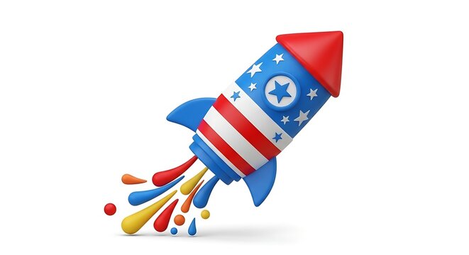 Dynamic 3D illustration of a vibrant patriotic rocket launching skyward, leaving a trail of colorful splatters, symbolizing innovation, celebration, and upward trajectory