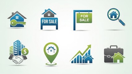 Real estate icons in a grid, house, deal, search, sale, location, chart themes