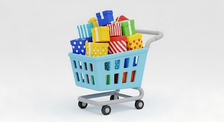 Abundance of Gifts A cheerful 3D shopping cart overflowing with a vibrant collection of elegantly wrapped presents, symbolizing the excitement of seasonal shopping and successful retail ventures