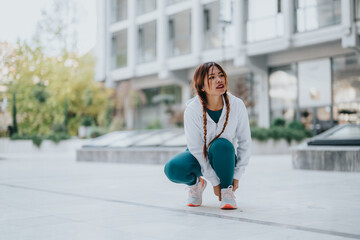 Obraz premium A young woman in a white hoodie and teal leggings crouches in an urban plaza. She poses in a modern city setting with open space and contemporary buildings.