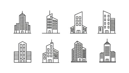Various line drawings of different modern city building silhouettes