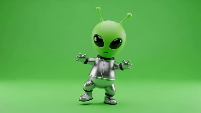 Green Alien Character in Silver Space Suit on Green Background cartoon alien 3d character