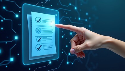 A hand pointing at a digital checklist on a glowing screen with blue circuit patterns