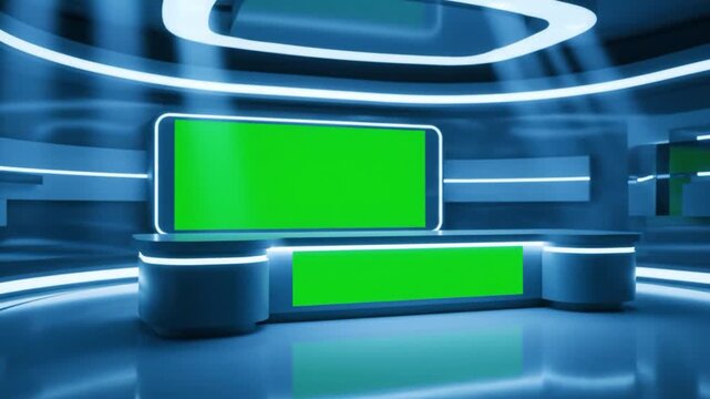 Futuristic Virtual Studio Podium with Green Screen Displays, Sci Fi Broadcast Stage for Digital Presentation, Media Production and Chromakey Background