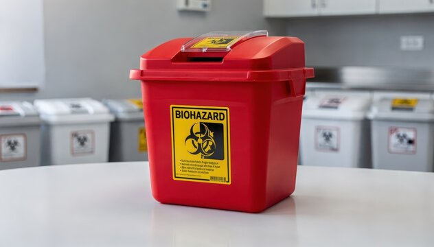Medium shot of a compact medical waste disposal facility with clear biohazard symbols focusing on the secure sharps container while the background blurs softly.