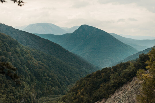 Layered Mountain Valley Covered in Dense Green Forest