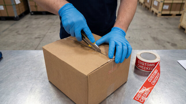 Customs officer in blue gloves opening a cardboard box with a utility knife. Warehouse worker inspecting a package for shipping and logistics. Security check and import export control concept