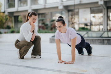 A woman performs a pushup in an urban plaza while another woman watches. In a city outdoor space, a...