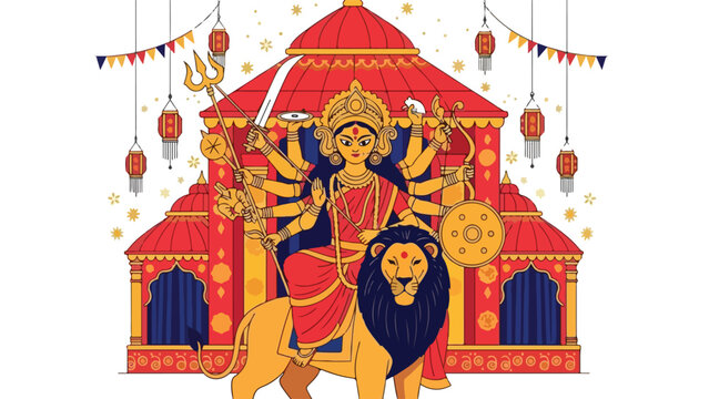 Colorful Hindu Goddess Durga Riding Lion against a Temple Mandap for Navaratri Festival