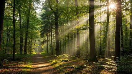 Sunbeams Shine Through Lush Green Forest Path, Morning Light