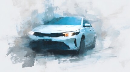 Artistic Impression of a White Sedan in Motion with Expressive Brushstrokes and Vibrant Headlights