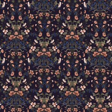 Victorian Botanical Damask Seamless Pattern - Elegant symmetrical floral bouquets with peach blossoms, blue wildflowers and olive foliage on a deep midnight navy background, ornate vintage tapestry st