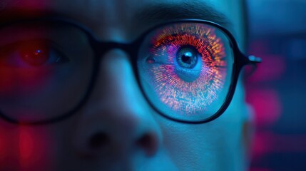 A close-up of a person's eye reflecting a colorful digital pattern, emphasizing technology and data visualization.