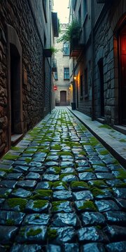 Moss-kissed cobblestones, time-worn surfaces, a journey etched in stone and shadow,  weathered,  ancient