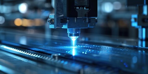 Close-up of a blue laser cutting or engraving metal on an industrial machine in a factory