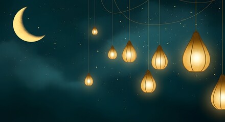 Hanging paper lanterns in night sky with crescent moon hanging lanterns teardrop shaped
