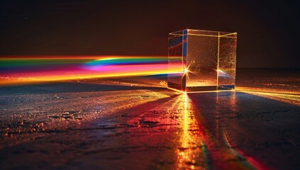 Light beam disperses through a clear rectangular prism, creating a vibrant rainbow spectrum