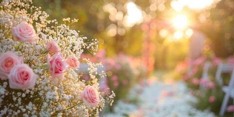 Soft pink roses and white flowers frame a blurred outdoor aisle with petals and sunlit arch