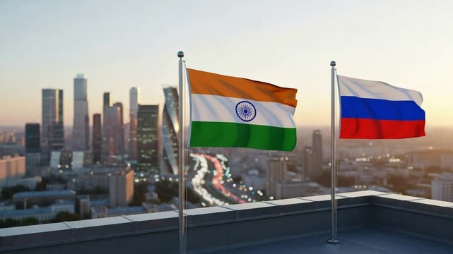 Indian and Russian flags waving on rooftop with cityscape background at sunset international relations and diplomacy concept