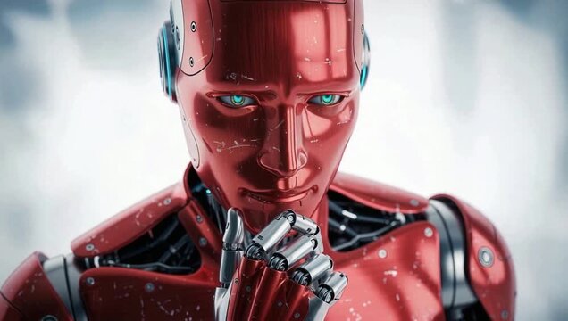 Robot humano&iuml;de rouge en pleine r&eacute;flexion, gros plan.