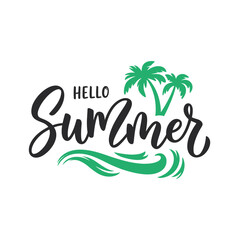 Fototapeta premium Hello summer typography design with palm trees and wave elements perfect for seasonal promotions, vacation branding, summer apparel and tropical lifestyle visuals 