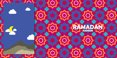 Set of Ramadan Kareem greeting cards in flat geometric style with crescent moon, lantern, mosque arches, ornamental patterns, and SALE text. Eid Mubarak modern banners in vivid blue, teal, gold, white