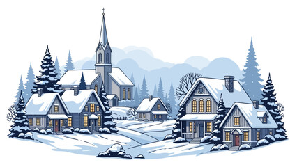 Fototapeta premium A charming winter village scene with snow-covered houses and a church under a misty sky.