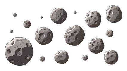 A collection of irregularly shaped asteroids with craters floating in space. © Mugi