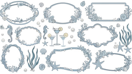 A collection of decorative oval, rectangular, and uniquely shaped frames adorned with seashells, starfish, seahorses, pearls, and seaweed, in a muted blue and white color palette. © Mugi
