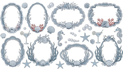 Collection of ornate oval and rectangular frames decorated with seashells, coral, seaweed, and pearls, with some frames featuring seahorses and starfish. © Mugi