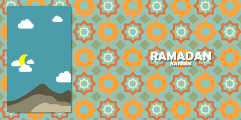 Set of Ramadan Kareem greeting cards in flat geometric style with crescent moon, lantern, mosque arches, ornamental patterns, and SALE text. Eid Mubarak modern banners in vivid blue, teal, gold, white