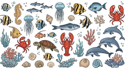 A vibrant collection of colorful marine life, including fish, seahorses, jellyfish, dolphins, crabs, lobsters, and sea turtles, set against a white background. © Mugi