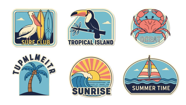 A collection of six vintage-style travel and leisure badges featuring tropical and beach themes.
